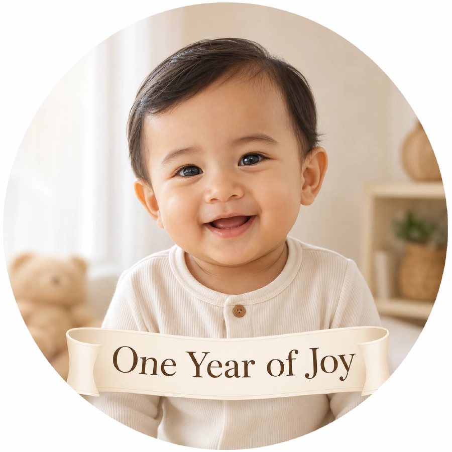 Baby milestone medallion idea featuring a smiling baby and the caption One Year of Joy